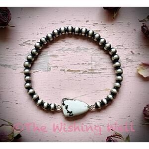 Artisan White Buffalo and "Desert Pearl" Stretch Bracelet 925 Silver